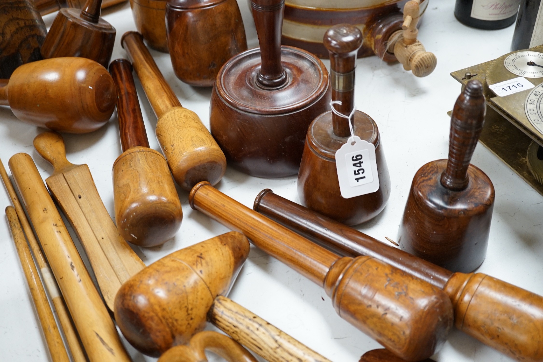 A mixed collection of treen leather and lead working tools etc. tallest 70cm